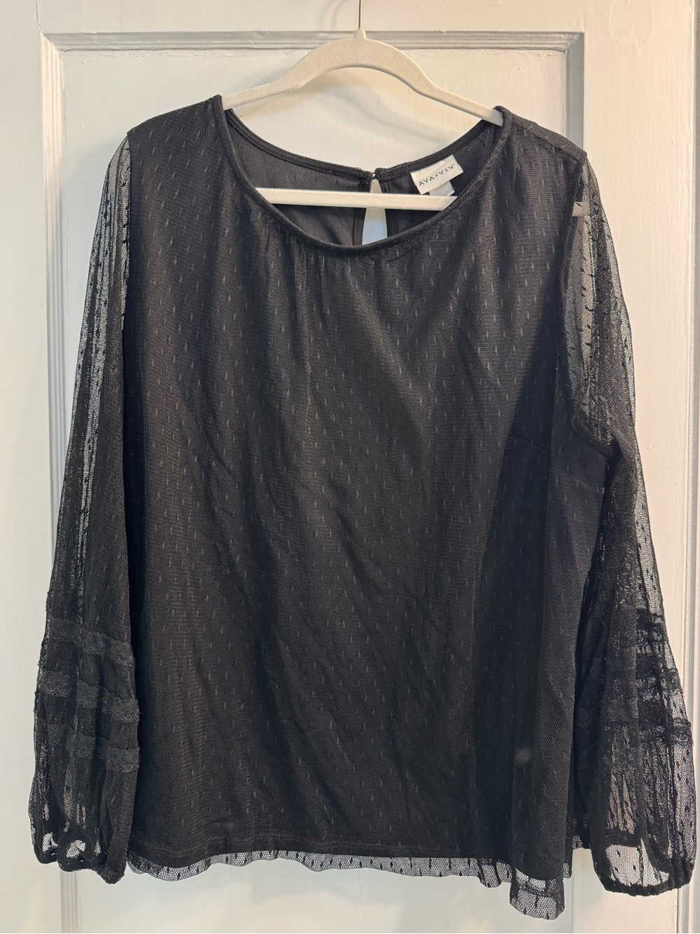 Ava & Viv Black Sheer Lacy Long-Sleeve Textured Blouse